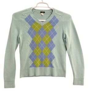 Vintage J Crew Wool Light Blue Argyle V Neck Sweater Long Sleeve Size READ